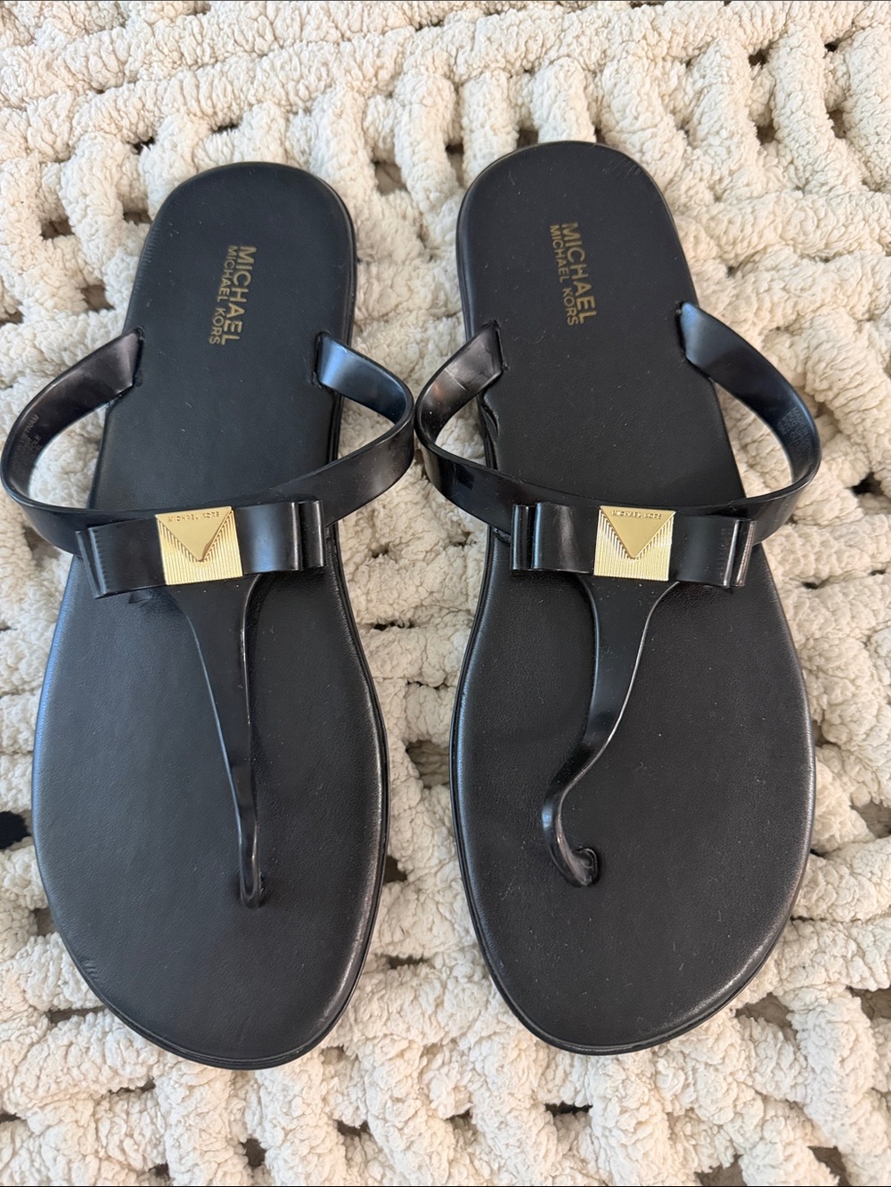 Michael Kors Black Patent Thong Sandals with Gold Accent
